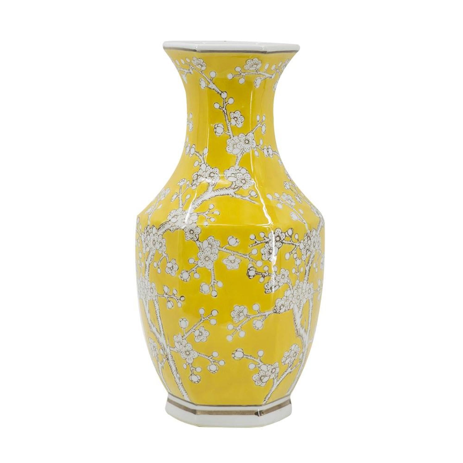 14" Yellow And White Chinoiserie Floral Porcelain Table Vase - Home & Garden