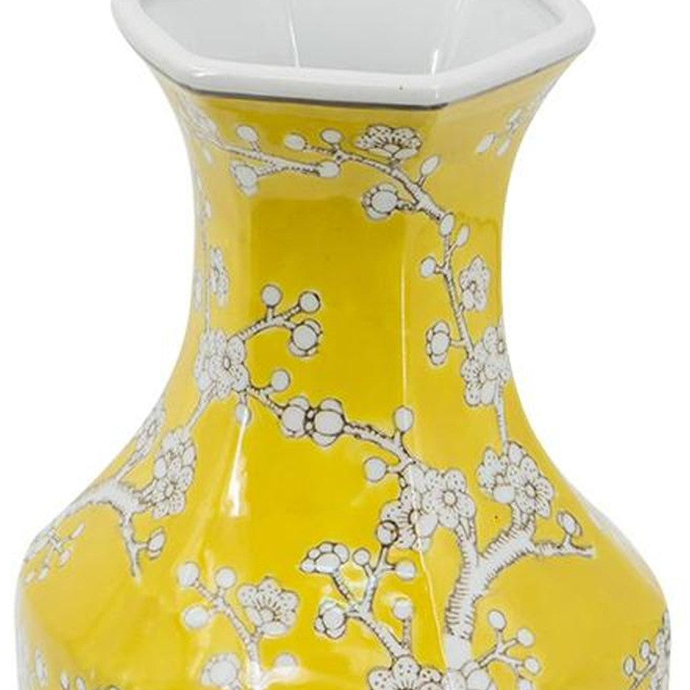 14" Yellow And White Chinoiserie Floral Porcelain Table Vase - Home & Garden