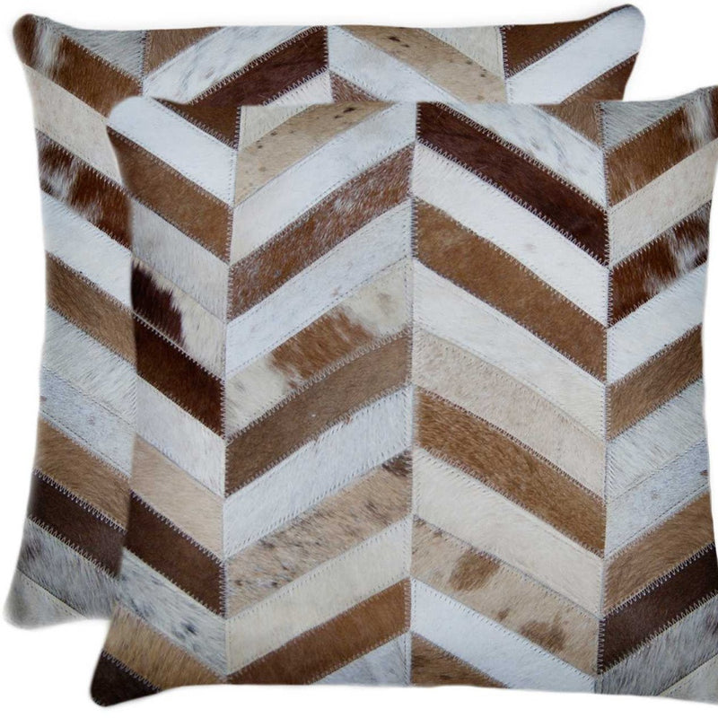 Set of Two Natural and Brown Chevron Cowhide Throw Pillows - Home Decor