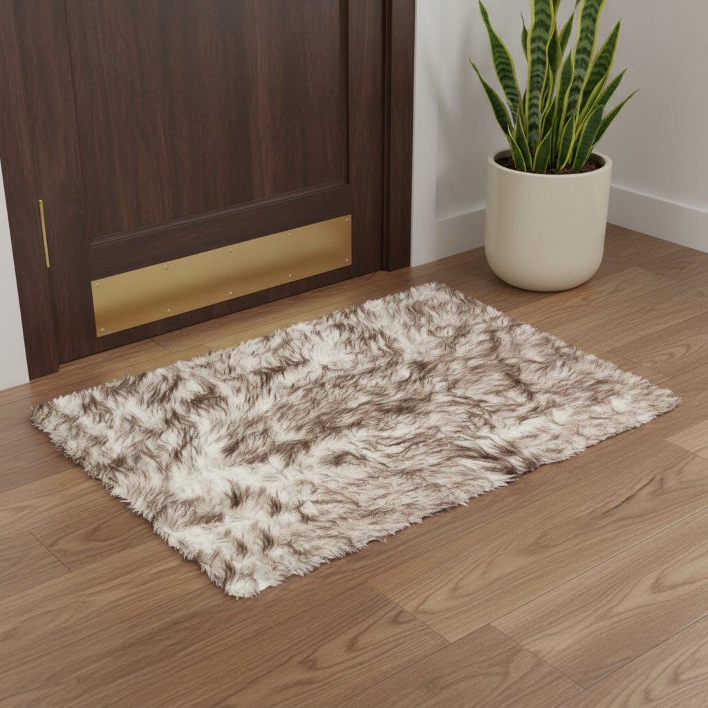 2' X 3' Brown and White Faux Sheepskin Ombre Machine Tufted Non Skid Area Rug - Home & Garden