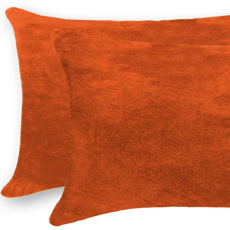 Set of Two 12" X 20" Orange Genuine Cowhide Lumbar Throw Pillows - Home Decor