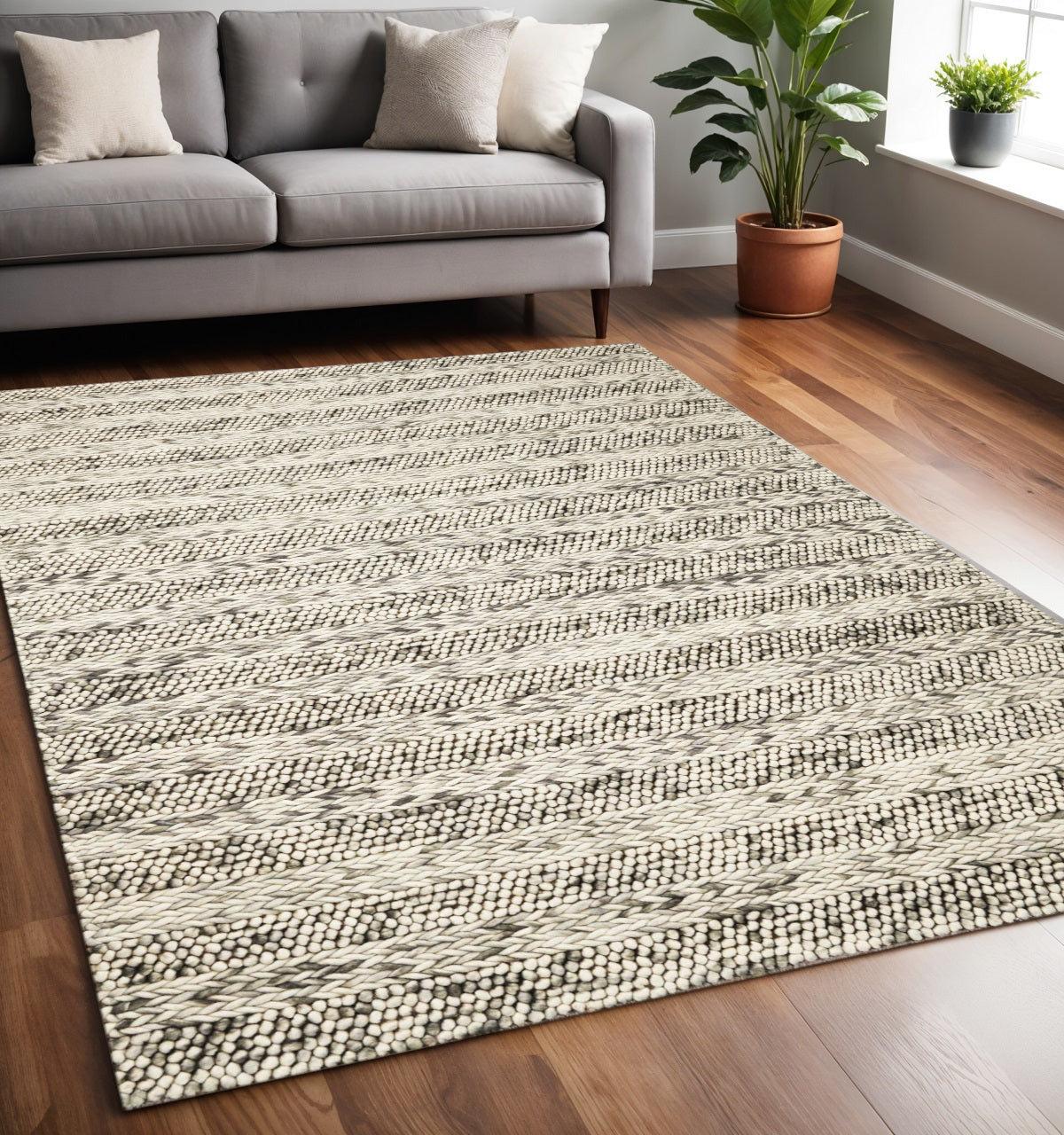 5' X 7' Gray And Ivory Wool Striped Hand Woven Area Rug - Home & Garden