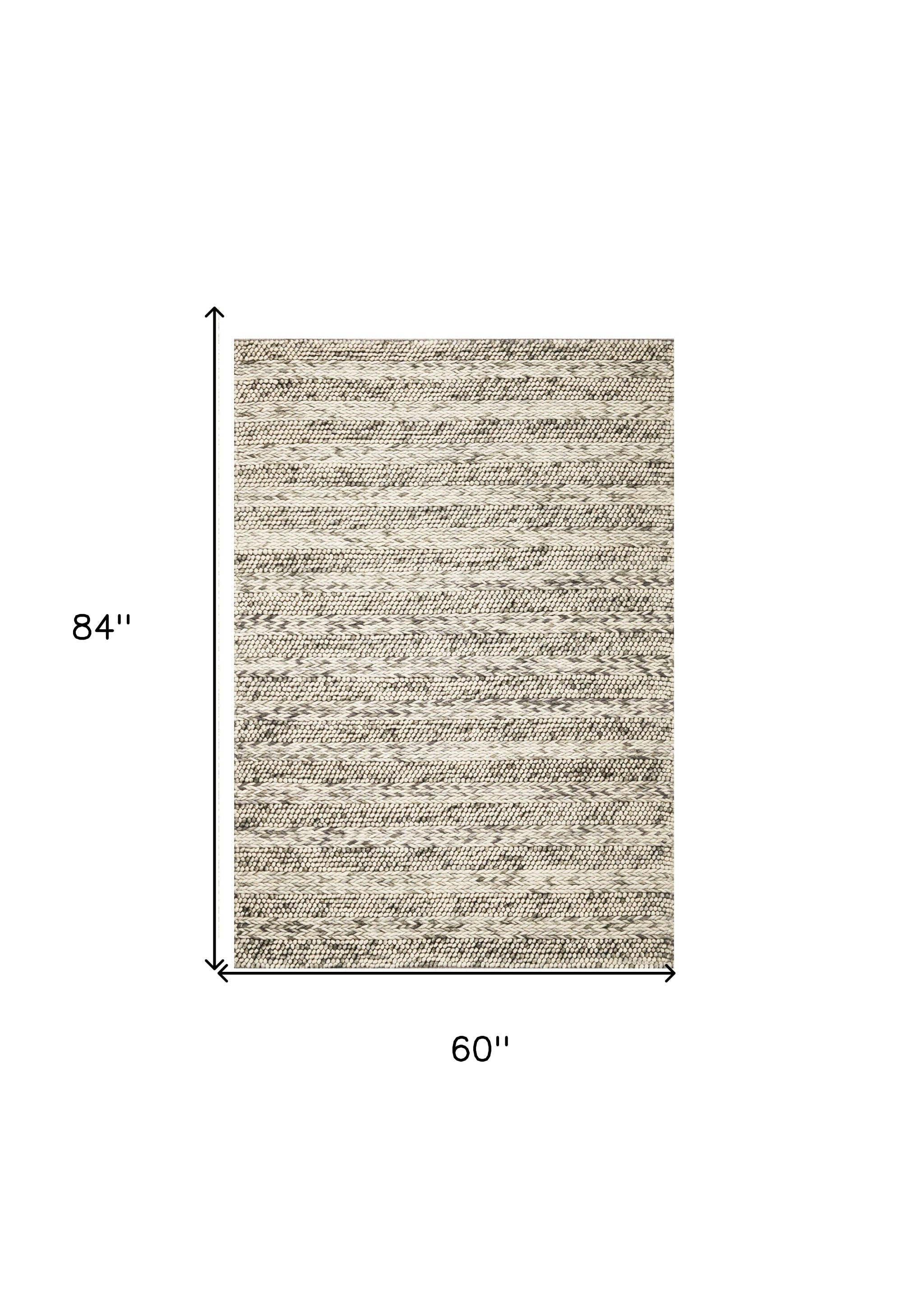 5' X 7' Gray And Ivory Wool Striped Hand Woven Area Rug - Home & Garden
