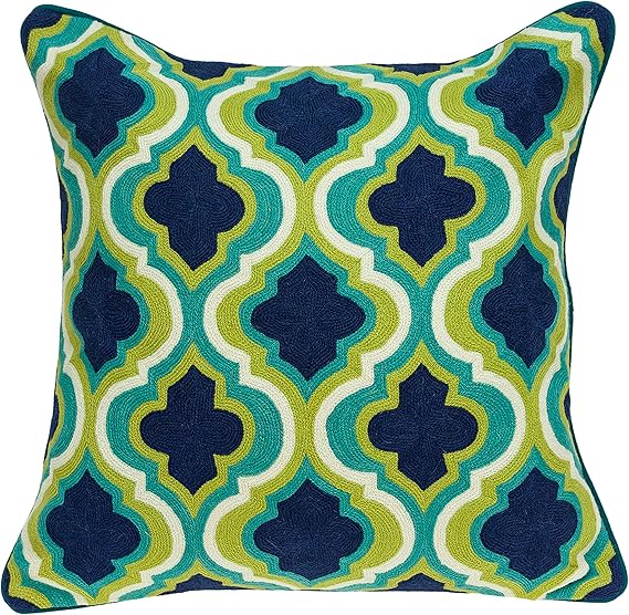 20" Navy Blue Yellow And Teal Quatrefoil Cotton Throw Pillow - Home Decor
