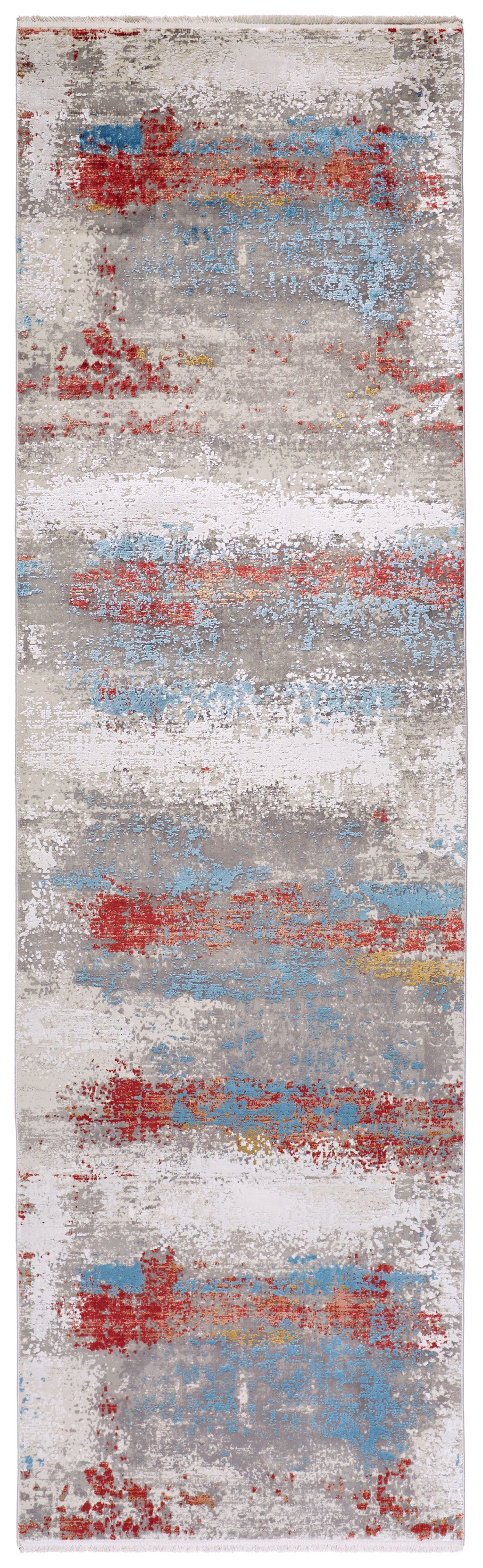 10' Gray Blue and Red Abstract Power Loom Runner Rug With Fringe - Home & Garden