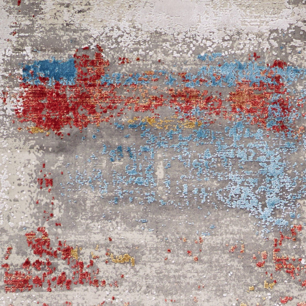 10' Gray Blue and Red Abstract Power Loom Runner Rug With Fringe - Home & Garden