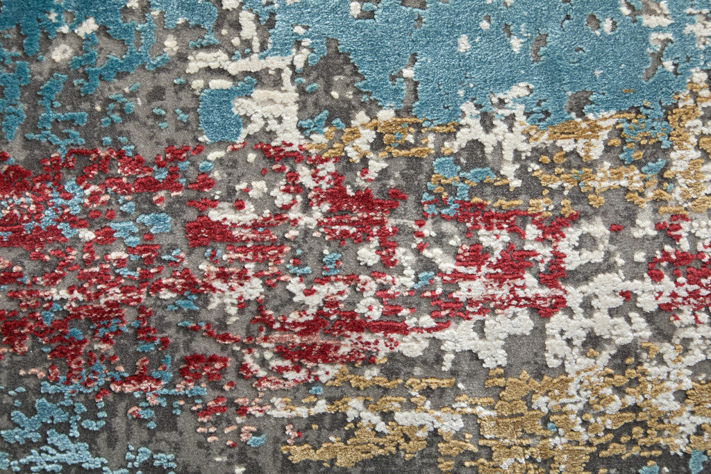 10' Gray Blue and Red Abstract Power Loom Runner Rug With Fringe - Home & Garden