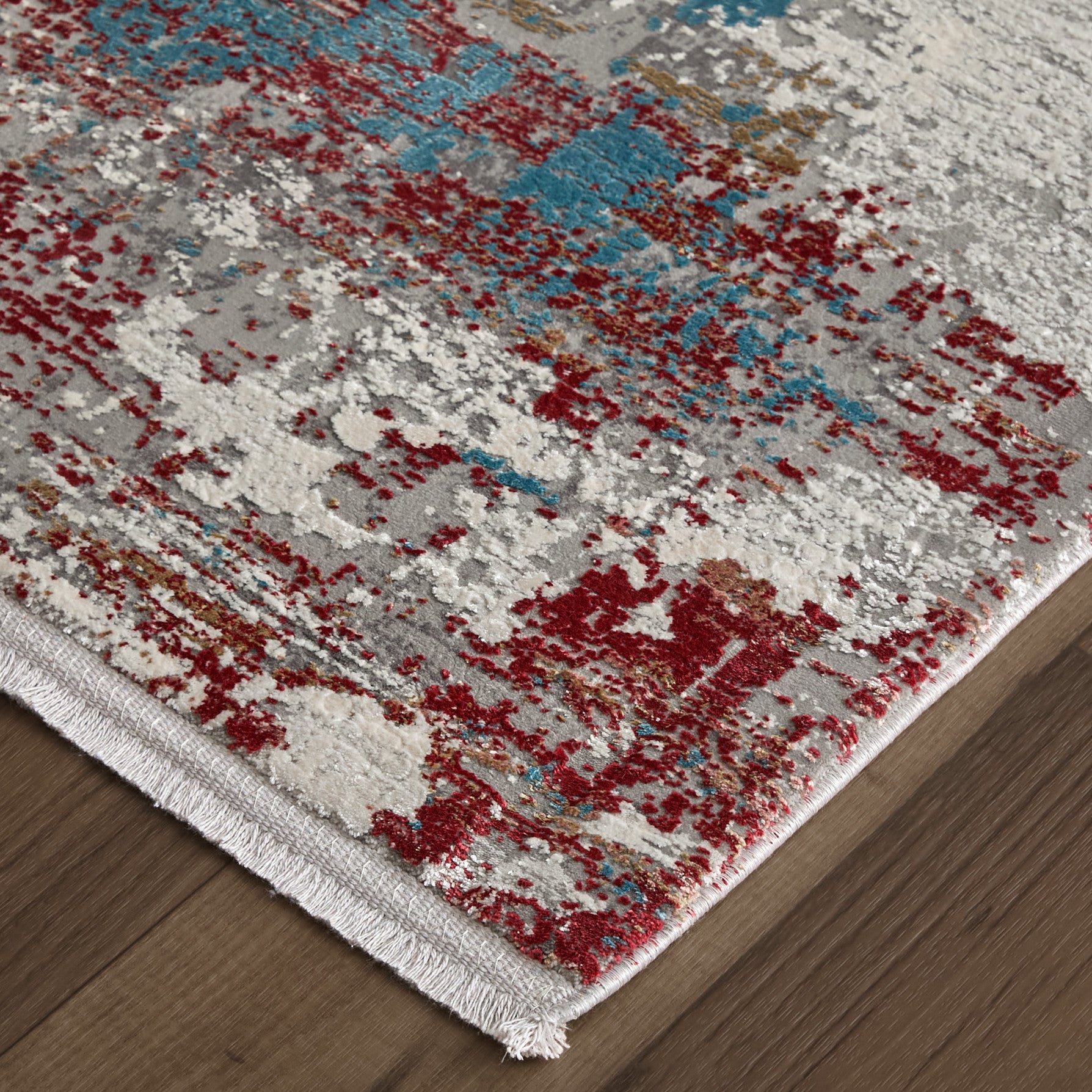 10' Gray Blue and Red Abstract Power Loom Runner Rug With Fringe - Home & Garden