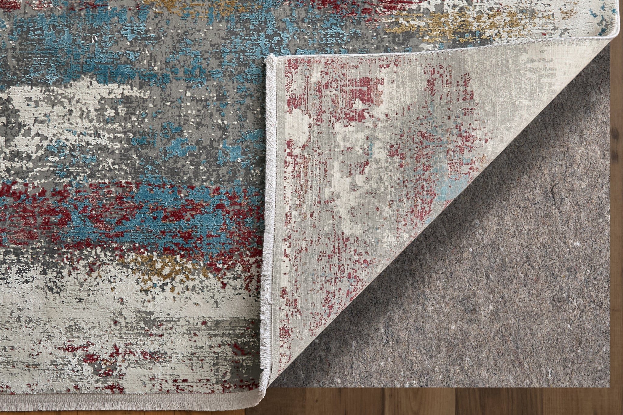 10' Gray Blue and Red Abstract Power Loom Runner Rug With Fringe - Home & Garden