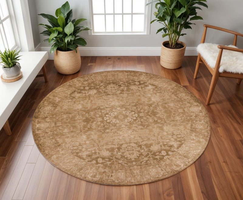 8' Beige And Tan Floral Medallion Distressed Round Rug - Home Decor
