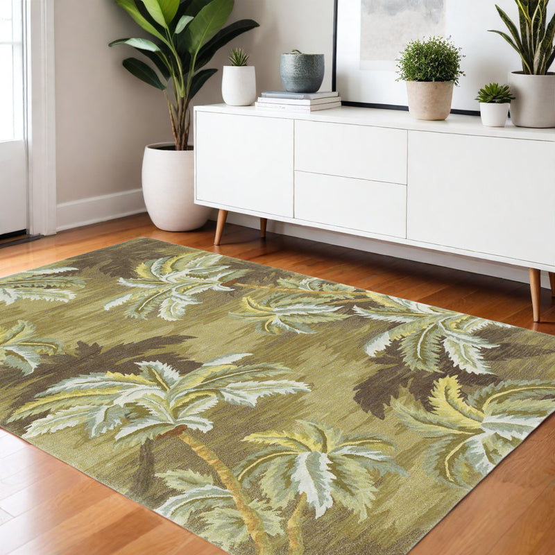 4' X 6' Moss Green And Yellow Wool Tropical Botanical Hand Tufted Area Rug - Home Decor