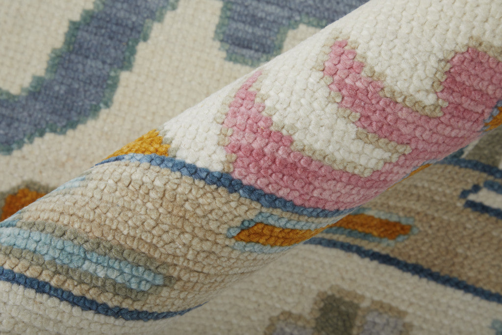 2' X 3' Blue Ivory and Pink Wool Floral Hand Knotted Area Rug With Fringe - Home & Garden