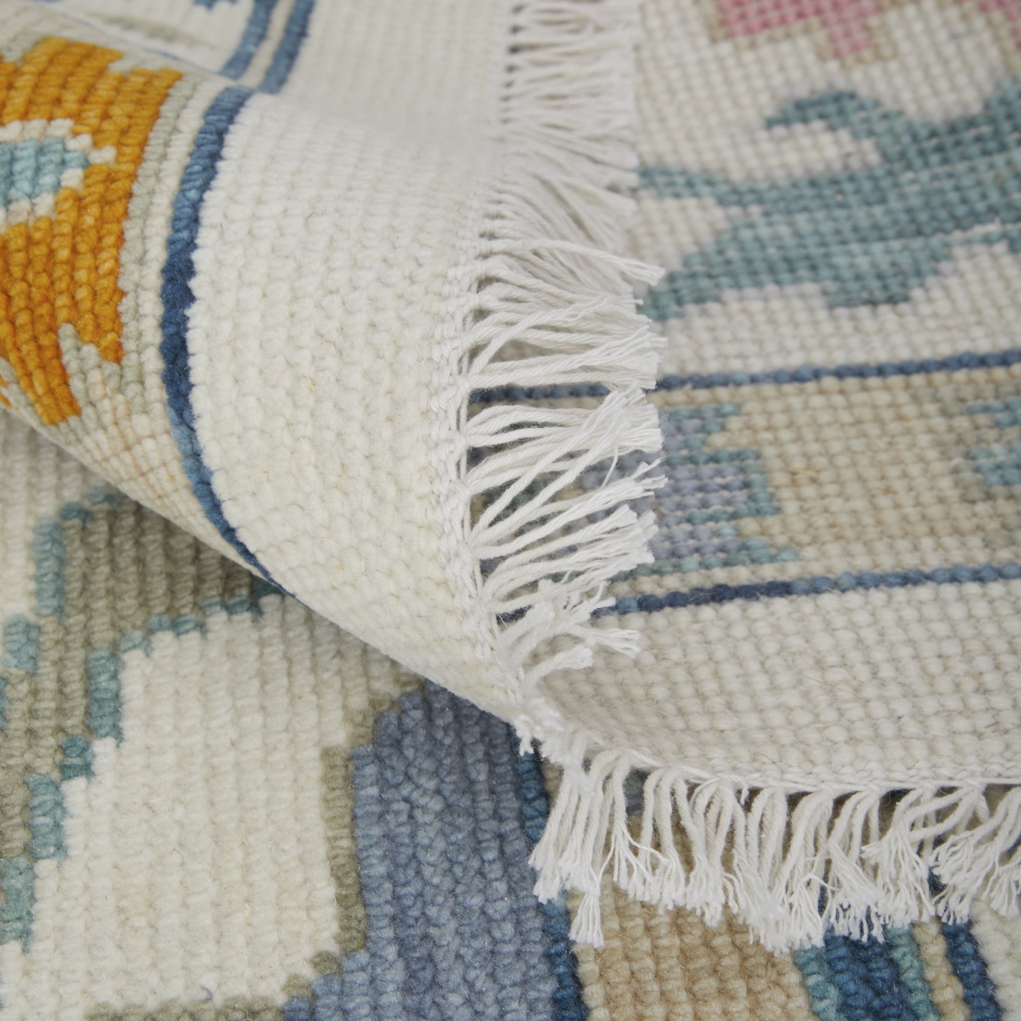 2' X 3' Blue Ivory and Pink Wool Floral Hand Knotted Area Rug With Fringe - Home & Garden