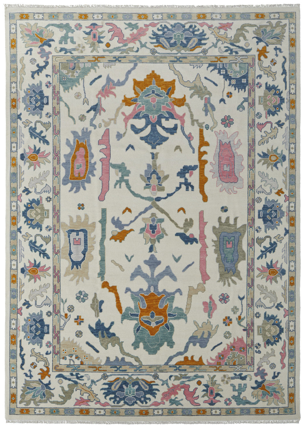 2' X 3' Blue Ivory and Pink Wool Floral Hand Knotted Area Rug With Fringe - Home & Garden