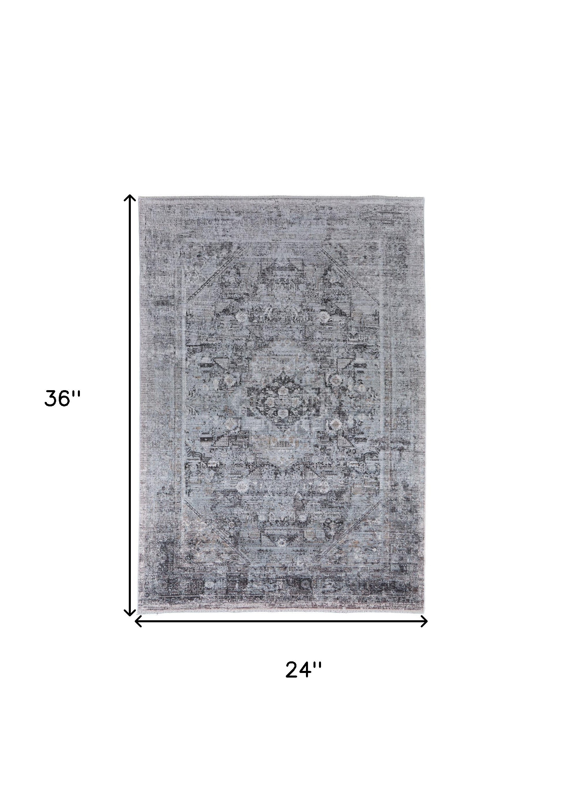 2' X 3' Gray and Silver Oriental Power Loom Worn Faded Area Rug - Home & Garden
