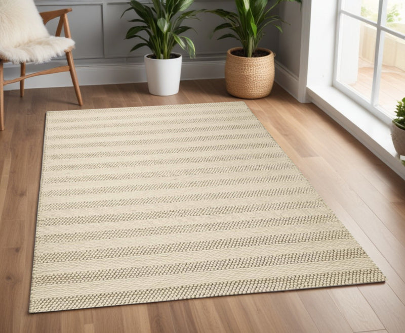 3' X 5' Ivory And White New Zealand Lambs Wool Striped Hand Woven Area Rug - Home Decor
