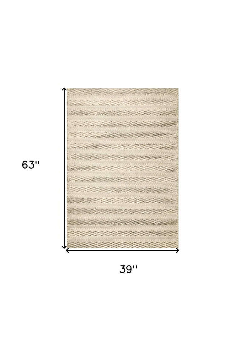 3' X 5' Ivory And White New Zealand Lambs Wool Striped Hand Woven Area Rug - Home Decor
