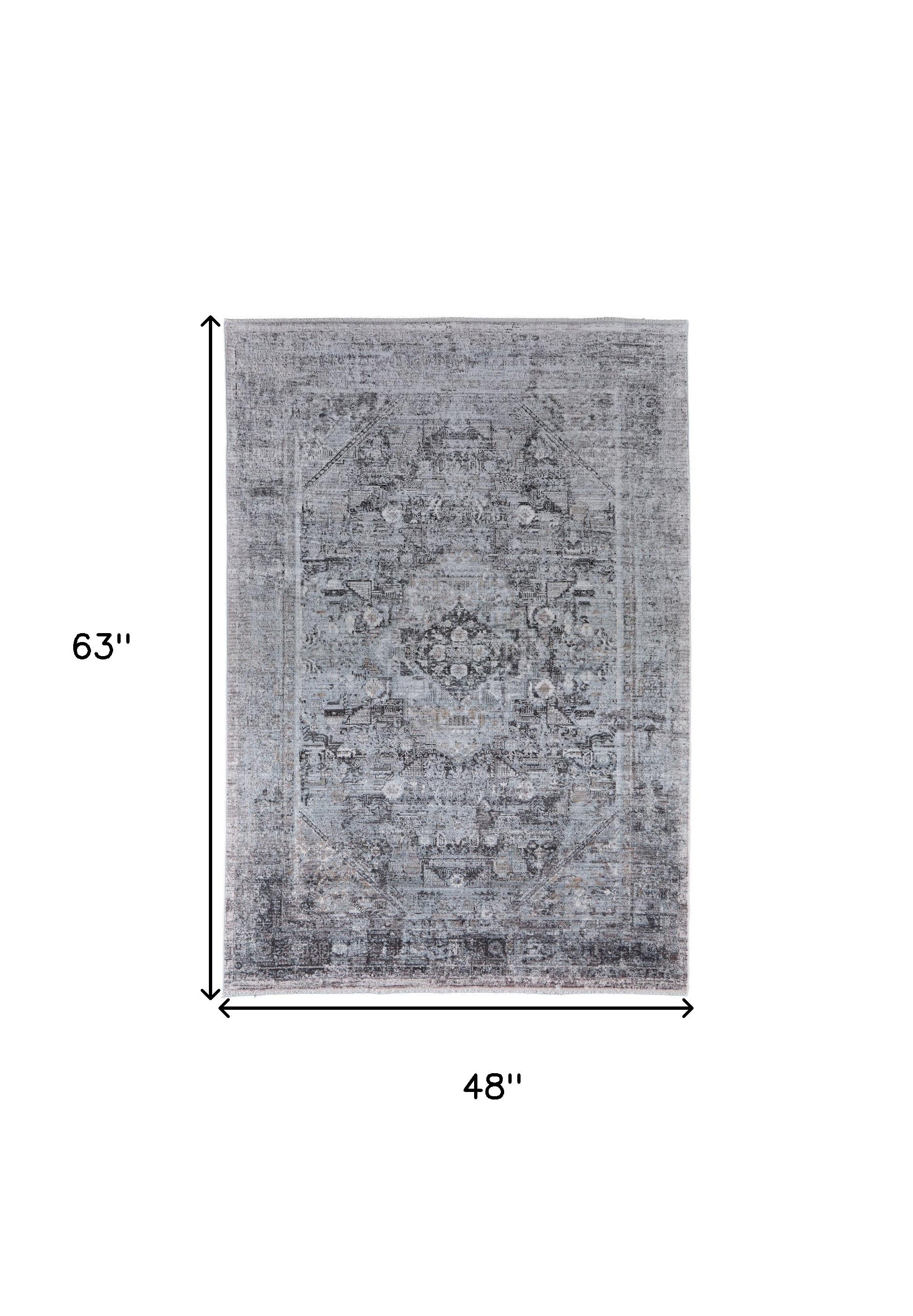 4' X 5' Gray and Silver Oriental Power Loom Worn Faded Area Rug - Home & Garden
