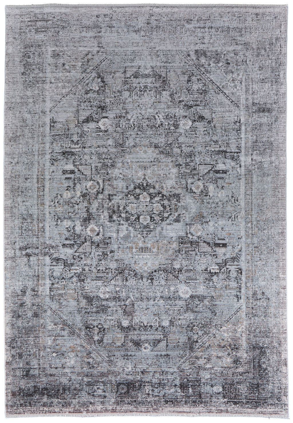 4' X 5' Gray and Silver Oriental Power Loom Worn Faded Area Rug - Home & Garden
