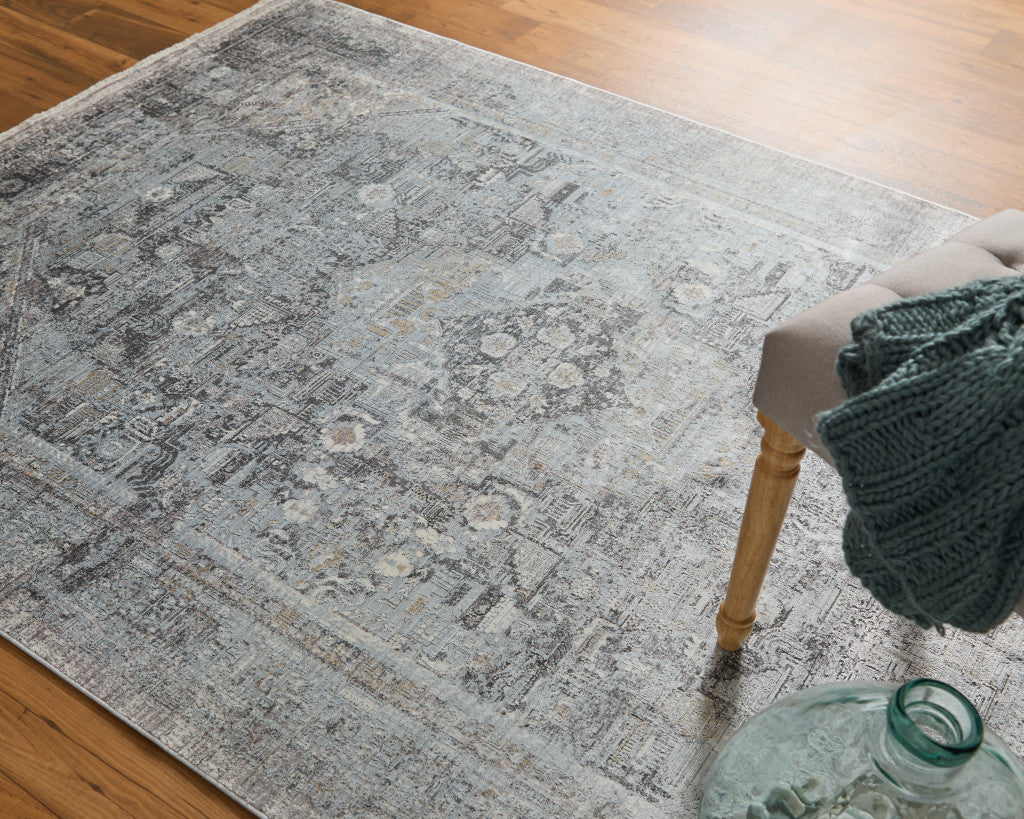 4' X 5' Gray and Silver Oriental Power Loom Worn Faded Area Rug - Home & Garden