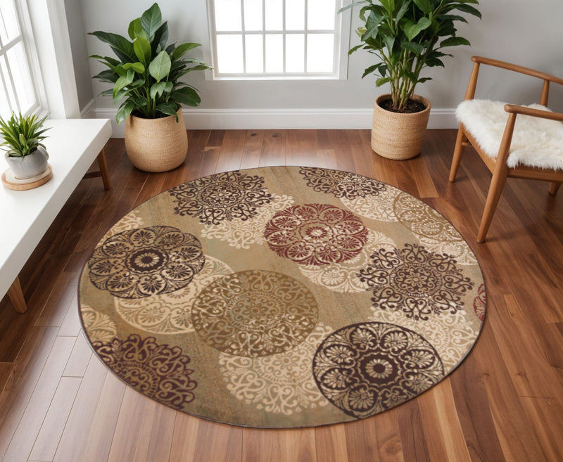 8' Sage Brown And Ivory Floral Medallion Round Rug - Home Decor