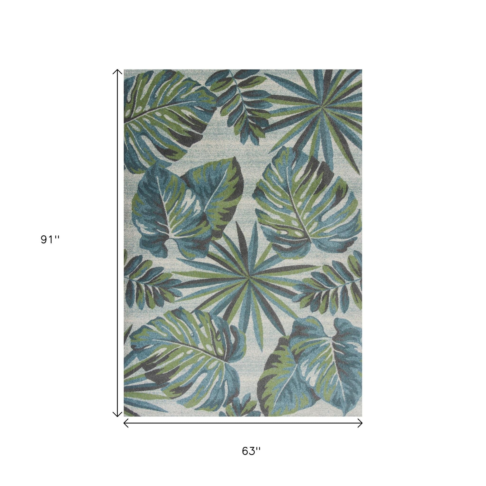 5' X 8' Beige Teal And Green Tropical Botanical Area Rug - Home Decor