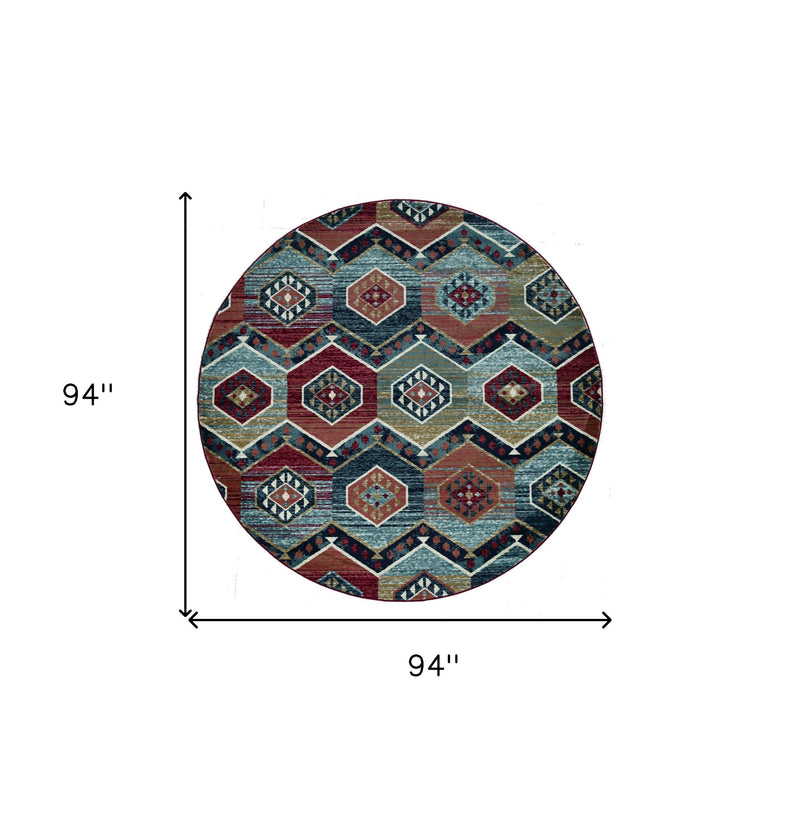 7' Red And Blue Geometric Round Rug - Home Decor