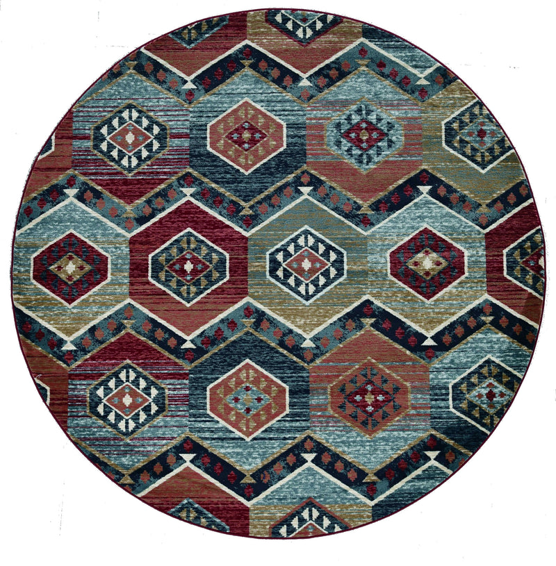 7' Red And Blue Geometric Round Rug - Home Decor