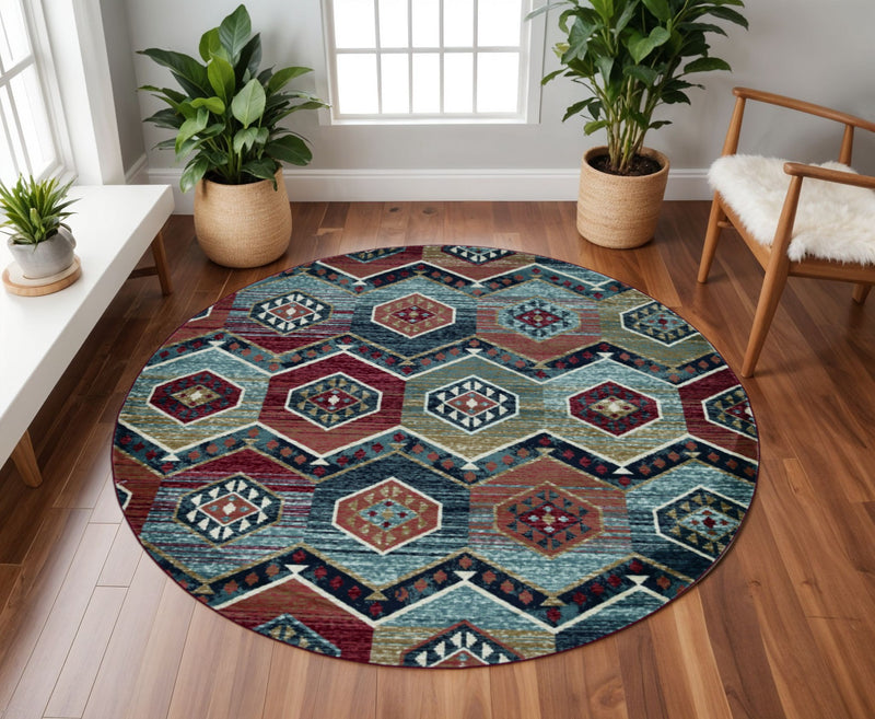 7' Red And Blue Geometric Round Rug - Home Decor