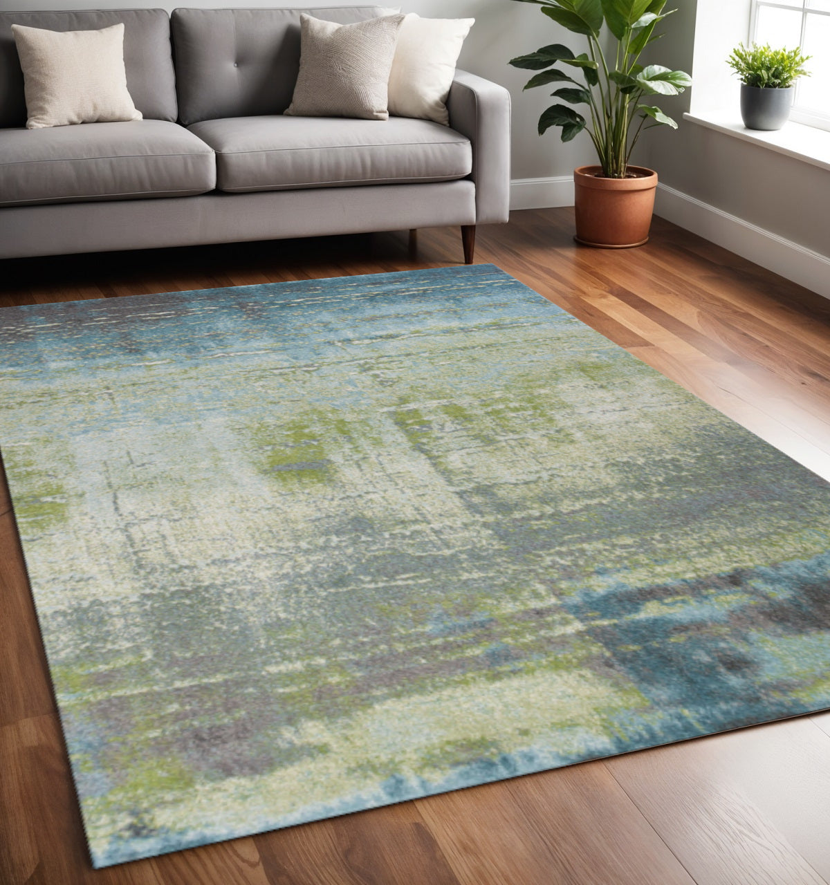 5' X 8' Blue And Green Abstract Area Rug - Home Decor