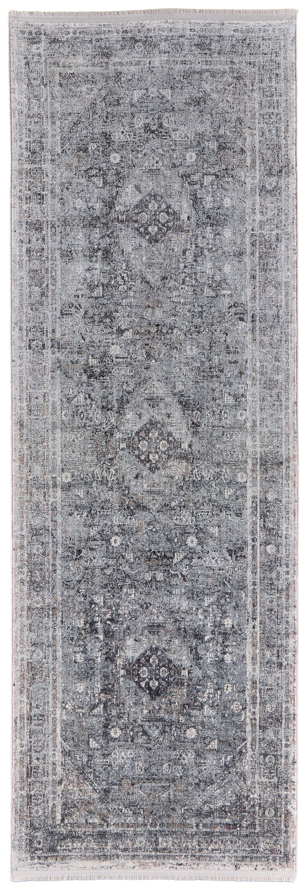 10' Gray And Silver Oriental Distressed Runner Rug - Home & Garden