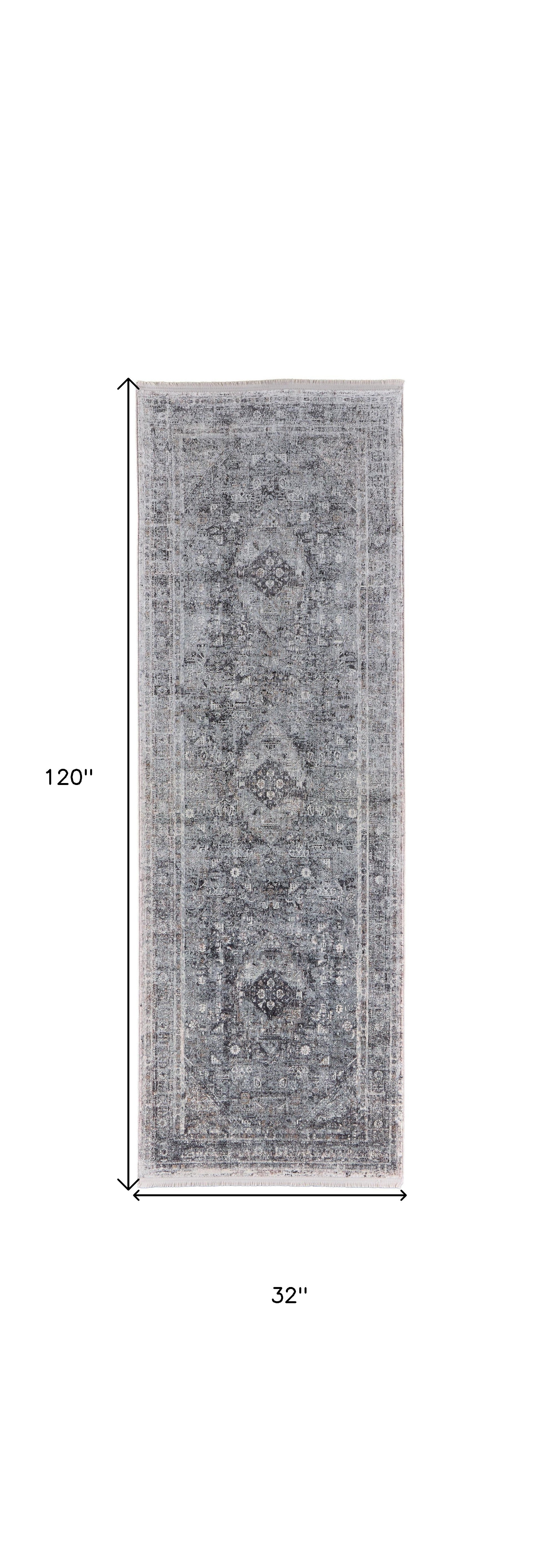 10' Gray And Silver Oriental Distressed Runner Rug - Home & Garden