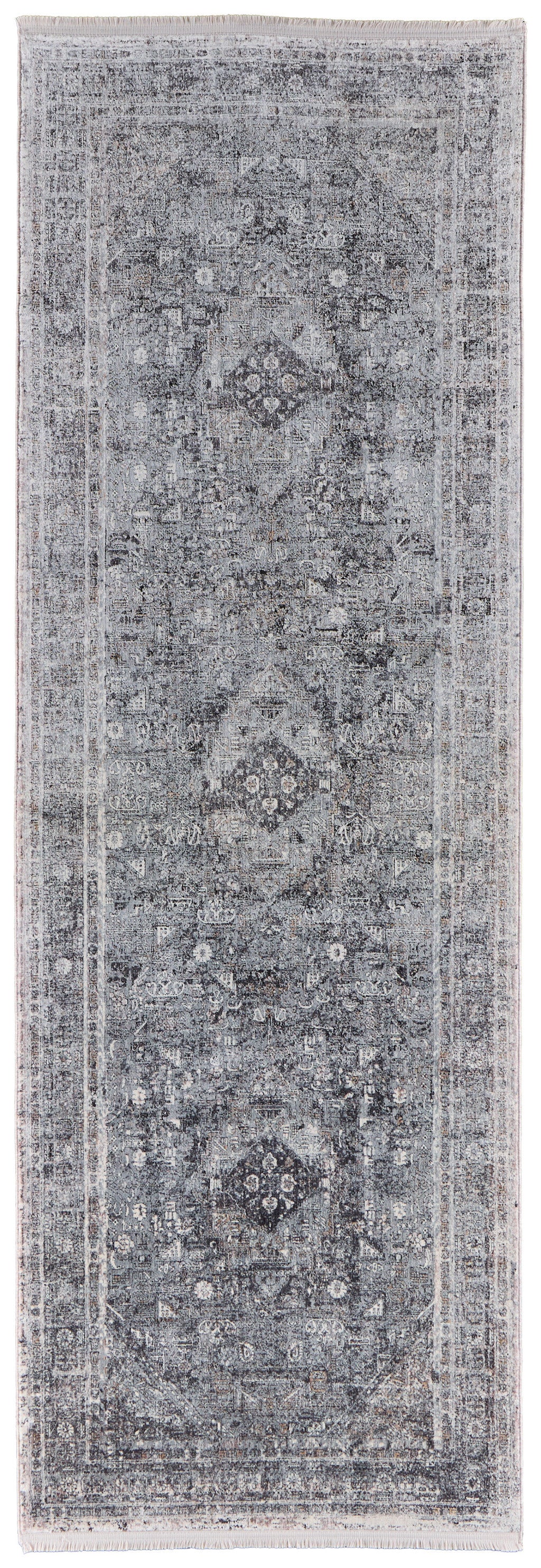 10' Gray And Silver Oriental Distressed Runner Rug - Home & Garden