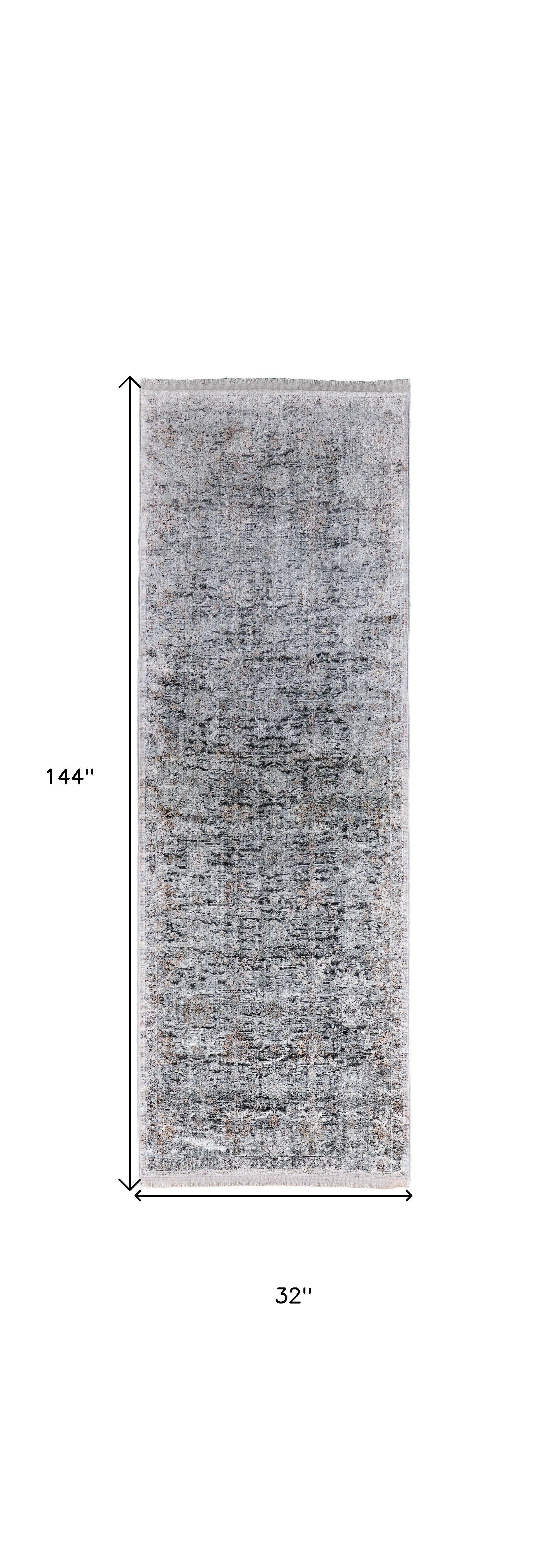 12' Gray and Silver Damask Power Loom Worn Faded Runner Rug - Home & Garden