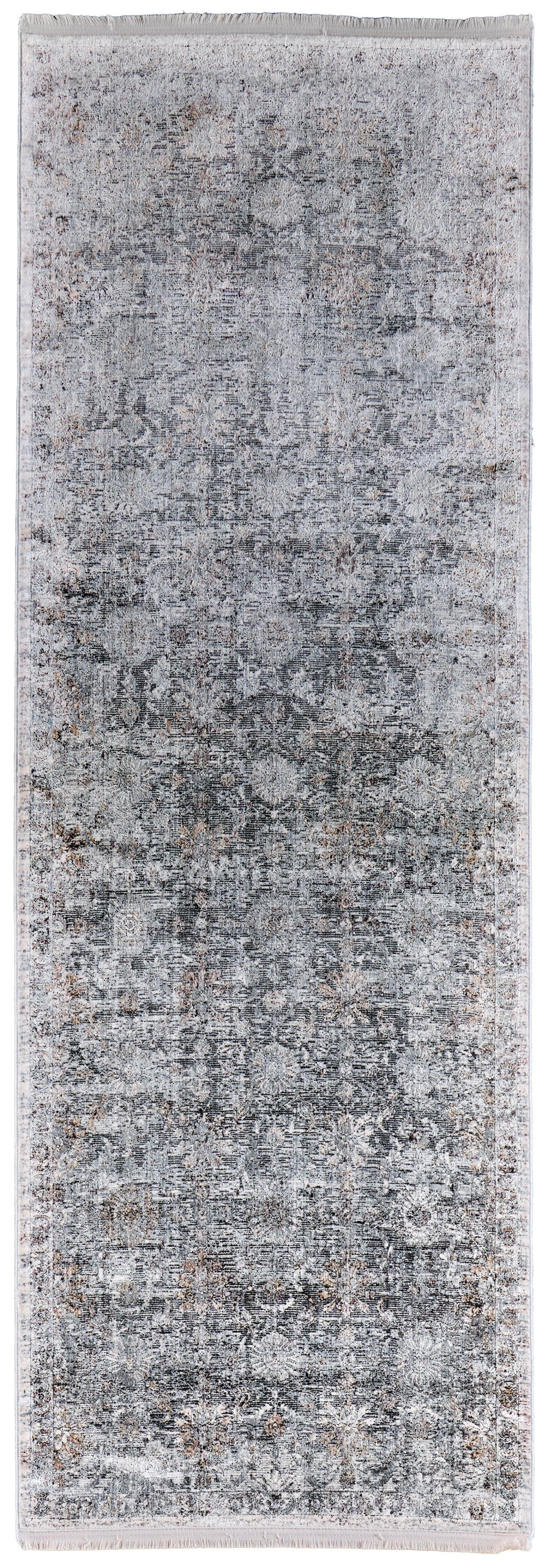 12' Gray and Silver Damask Power Loom Worn Faded Runner Rug - Home & Garden