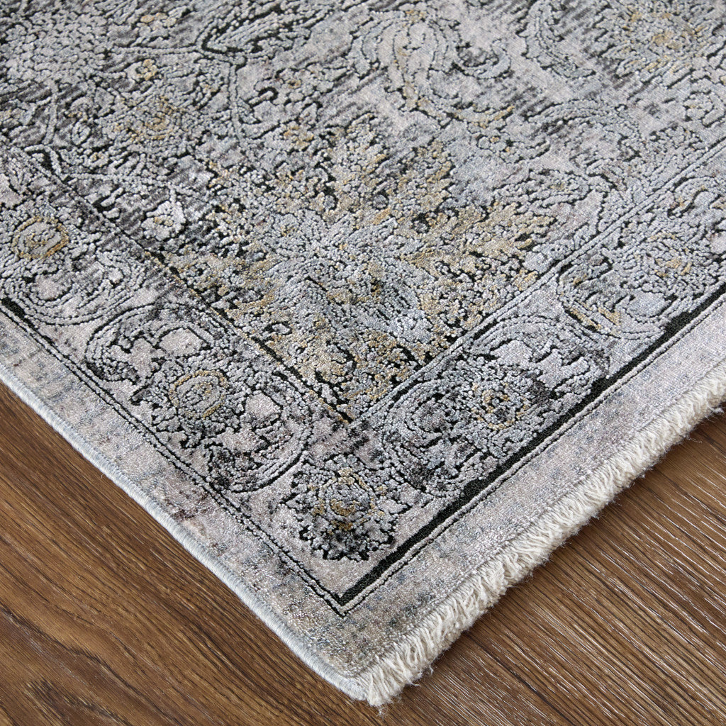12' Gray and Silver Damask Power Loom Worn Faded Runner Rug - Home & Garden