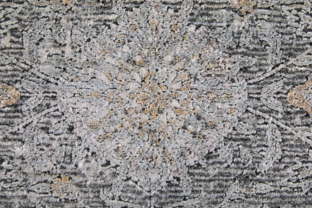 12' Gray and Silver Damask Power Loom Worn Faded Runner Rug - Home & Garden