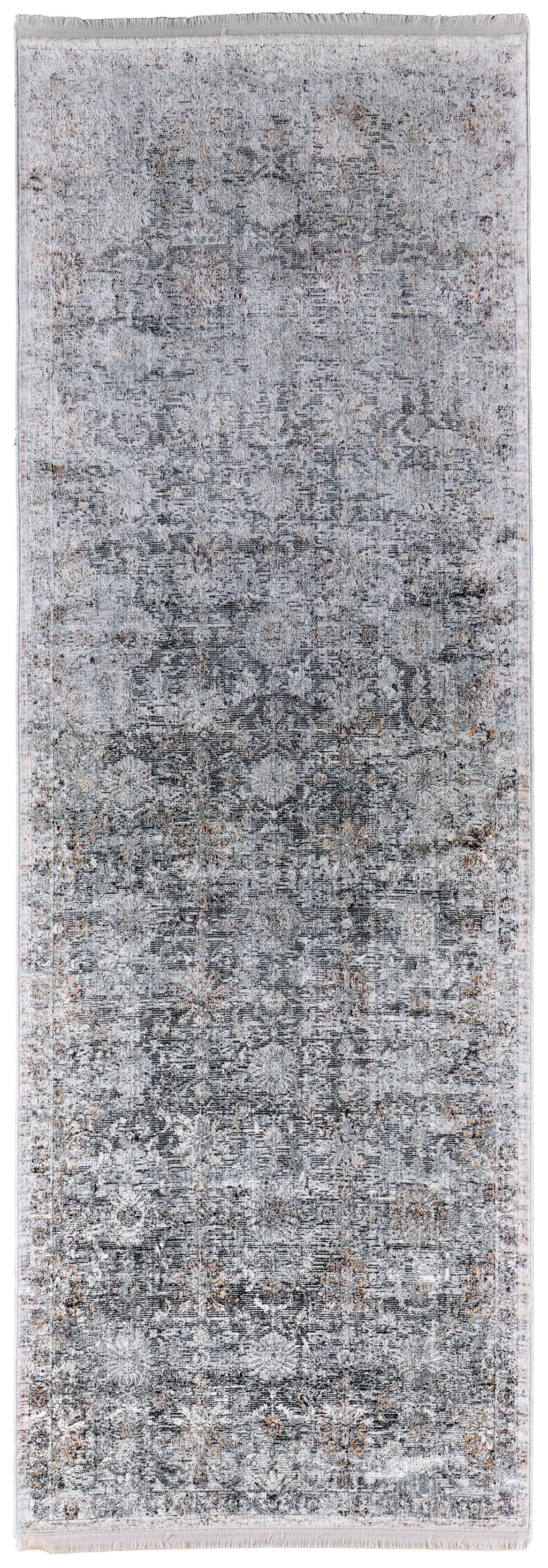 12' Gray and Silver Damask Power Loom Worn Faded Runner Rug - Home & Garden