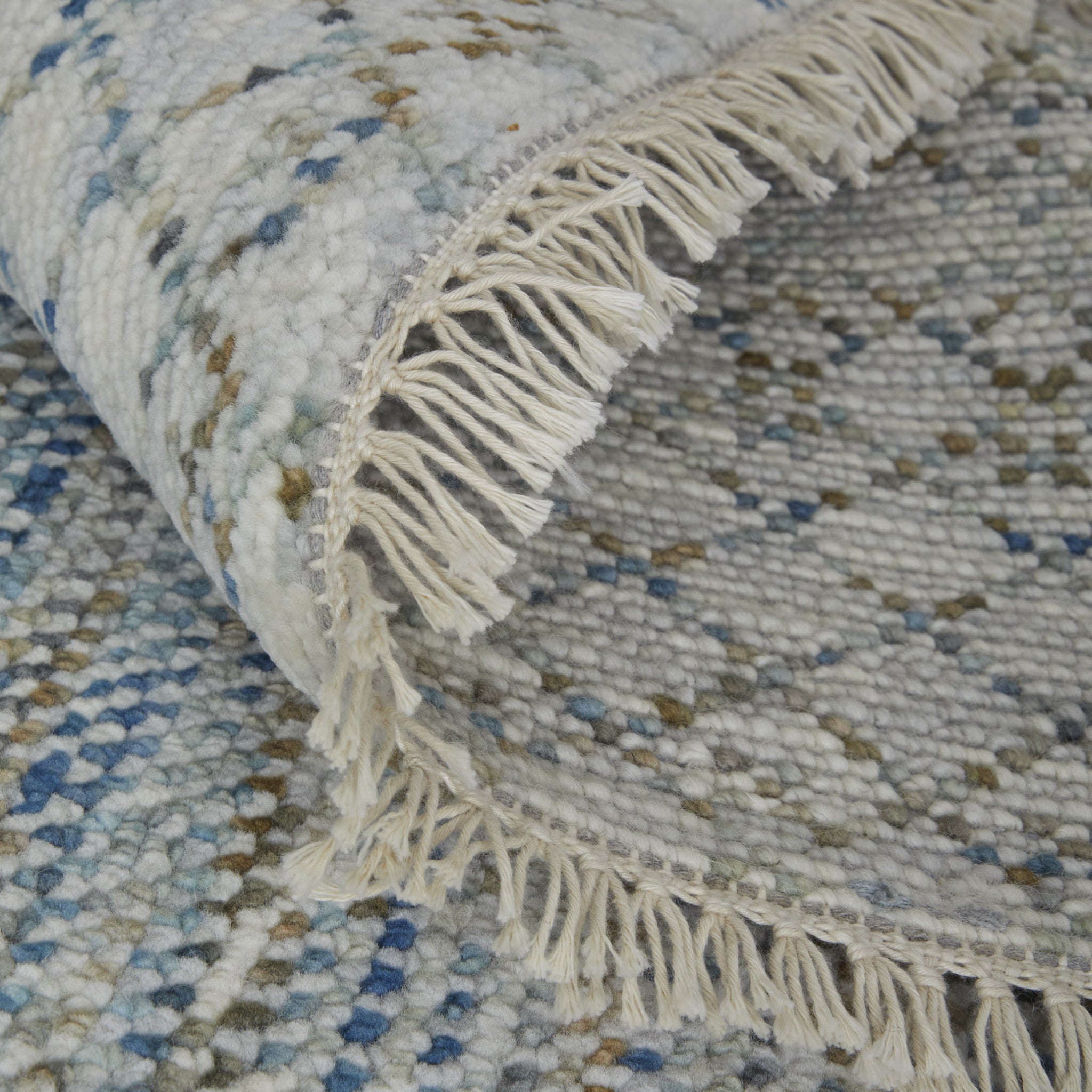 2' X 3' Ivory Blue and Brown Wool Hand Knotted Area Rug With Fringe - Home & Garden