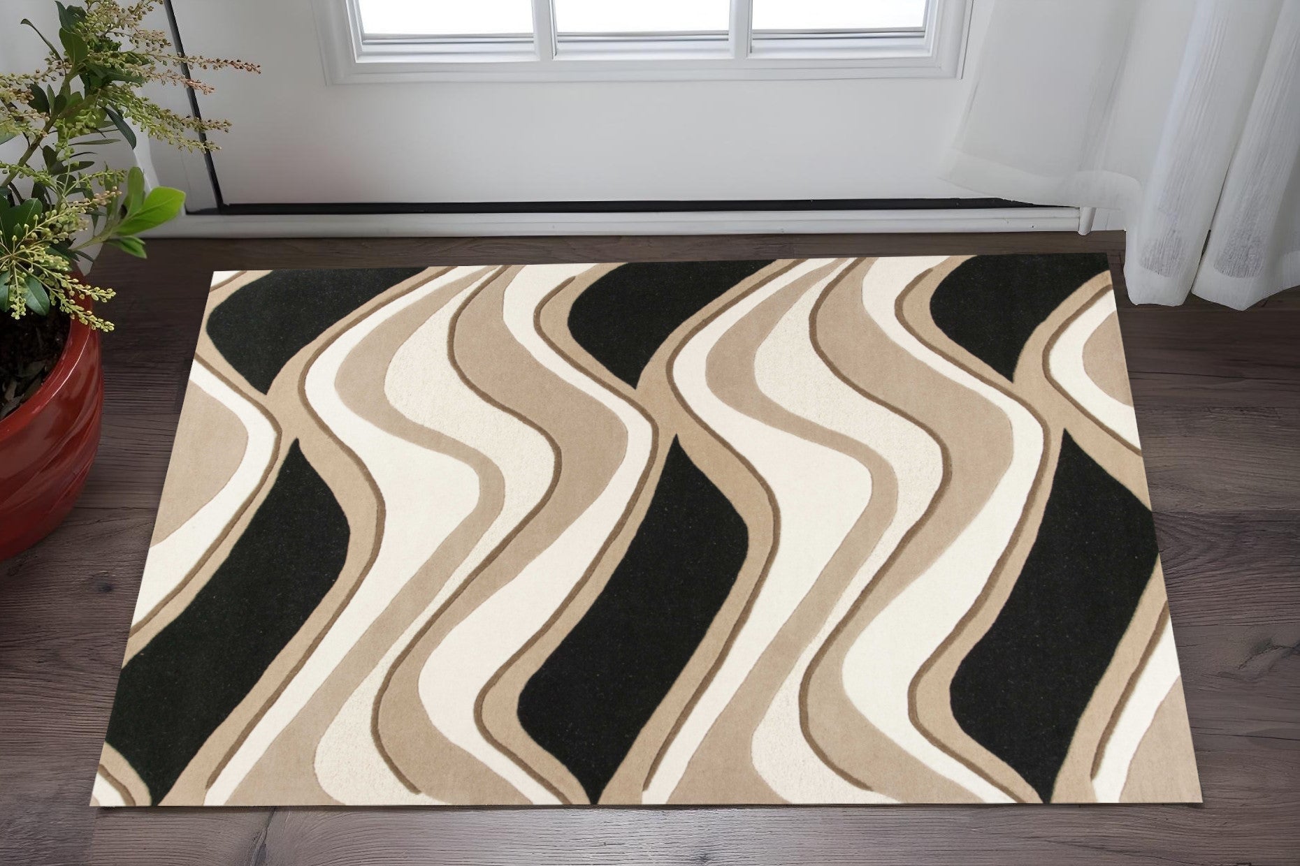 2' X 4' Black And Beige Wool Abstract Hand Tufted Area Rug - Home & Garden