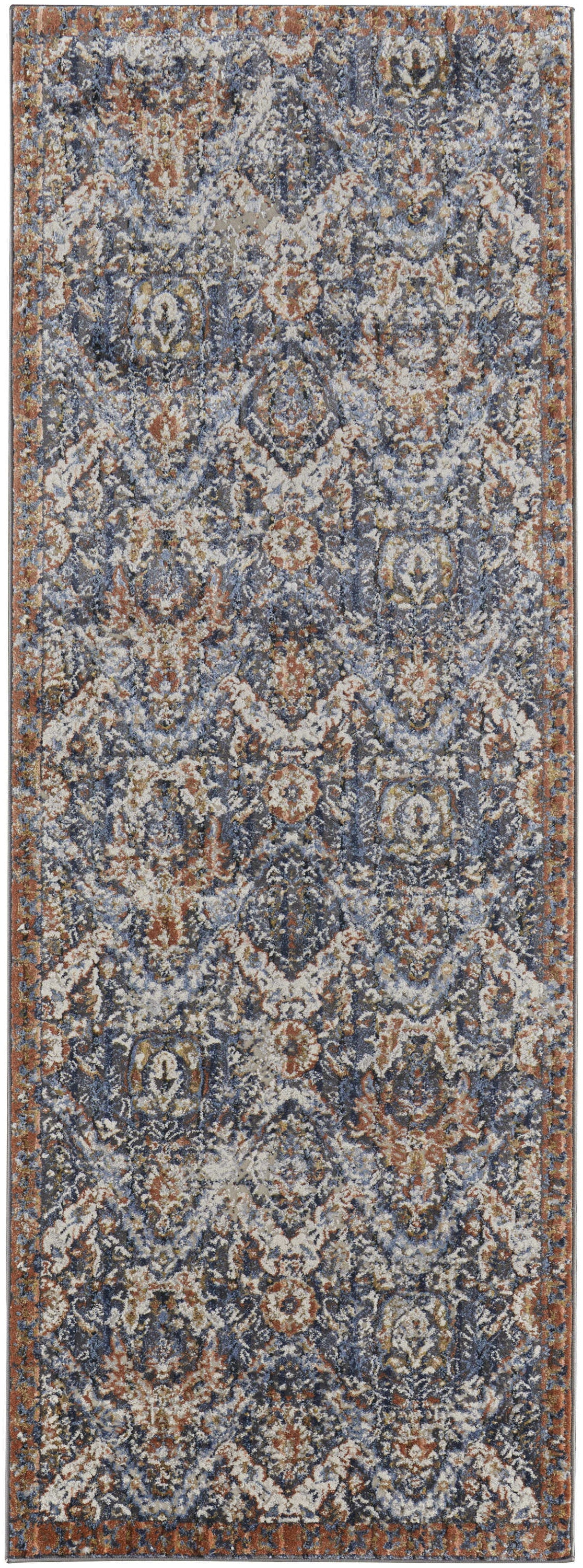 10' Ivory Blue And Burnt Orange Floral Runner Rug With Fringe - Home & Garden