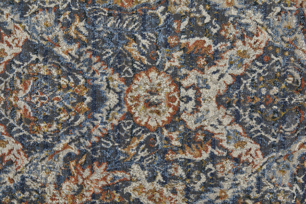 10' Ivory Blue And Burnt Orange Floral Runner Rug With Fringe - Home & Garden