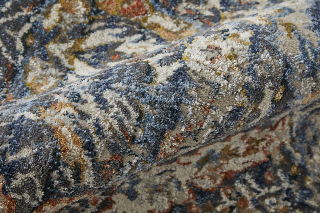 10' Ivory Blue And Burnt Orange Floral Runner Rug With Fringe - Home & Garden