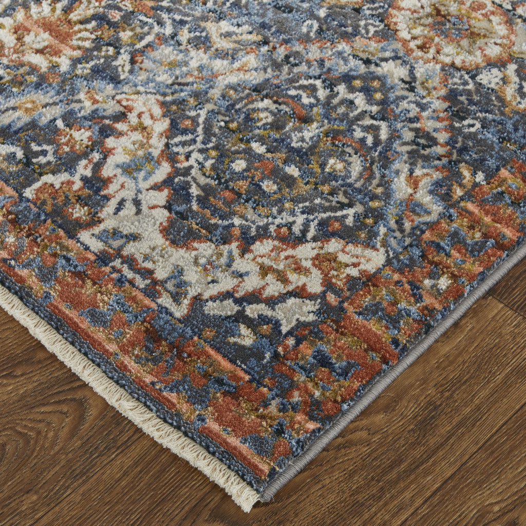 10' Ivory Blue And Burnt Orange Floral Runner Rug With Fringe - Home & Garden