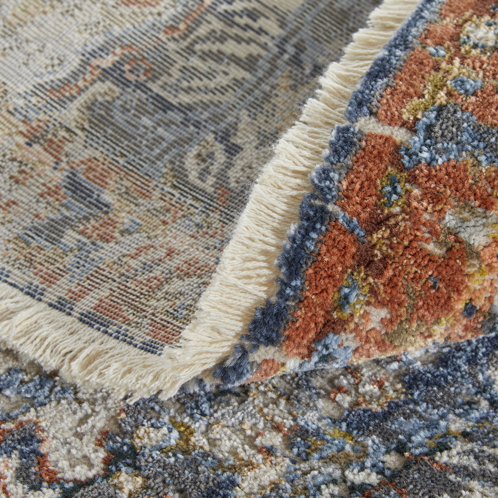 10' Ivory Blue And Burnt Orange Floral Runner Rug With Fringe - Home & Garden