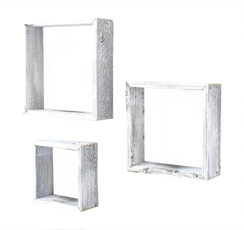 Set Of 3 Square Rustic White Wash Wood Open Box Shelve - Home Decor