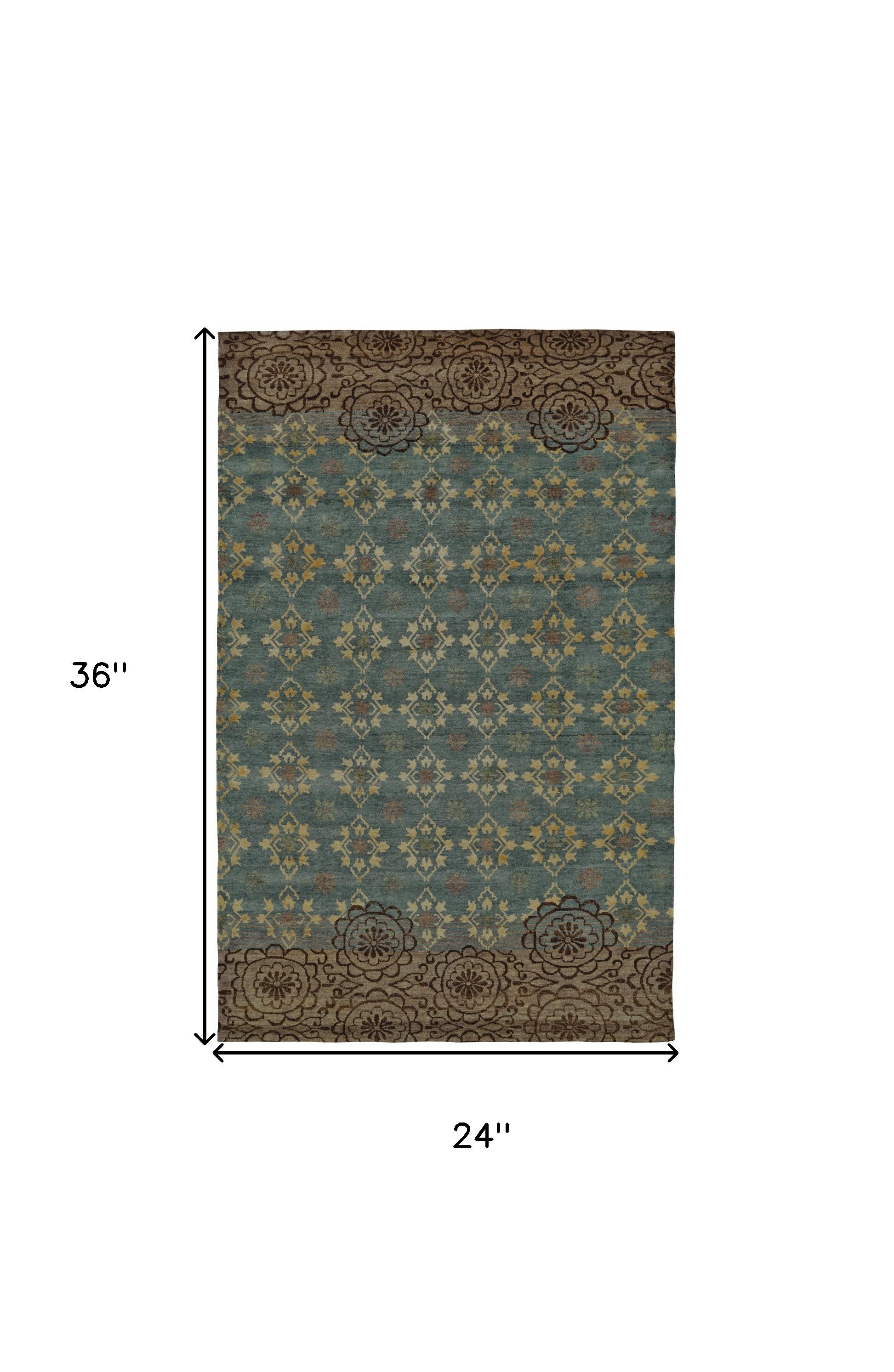 2' X 3' Blue Green and Brown Floral Hand Knotted Area Rug - Home & Garden