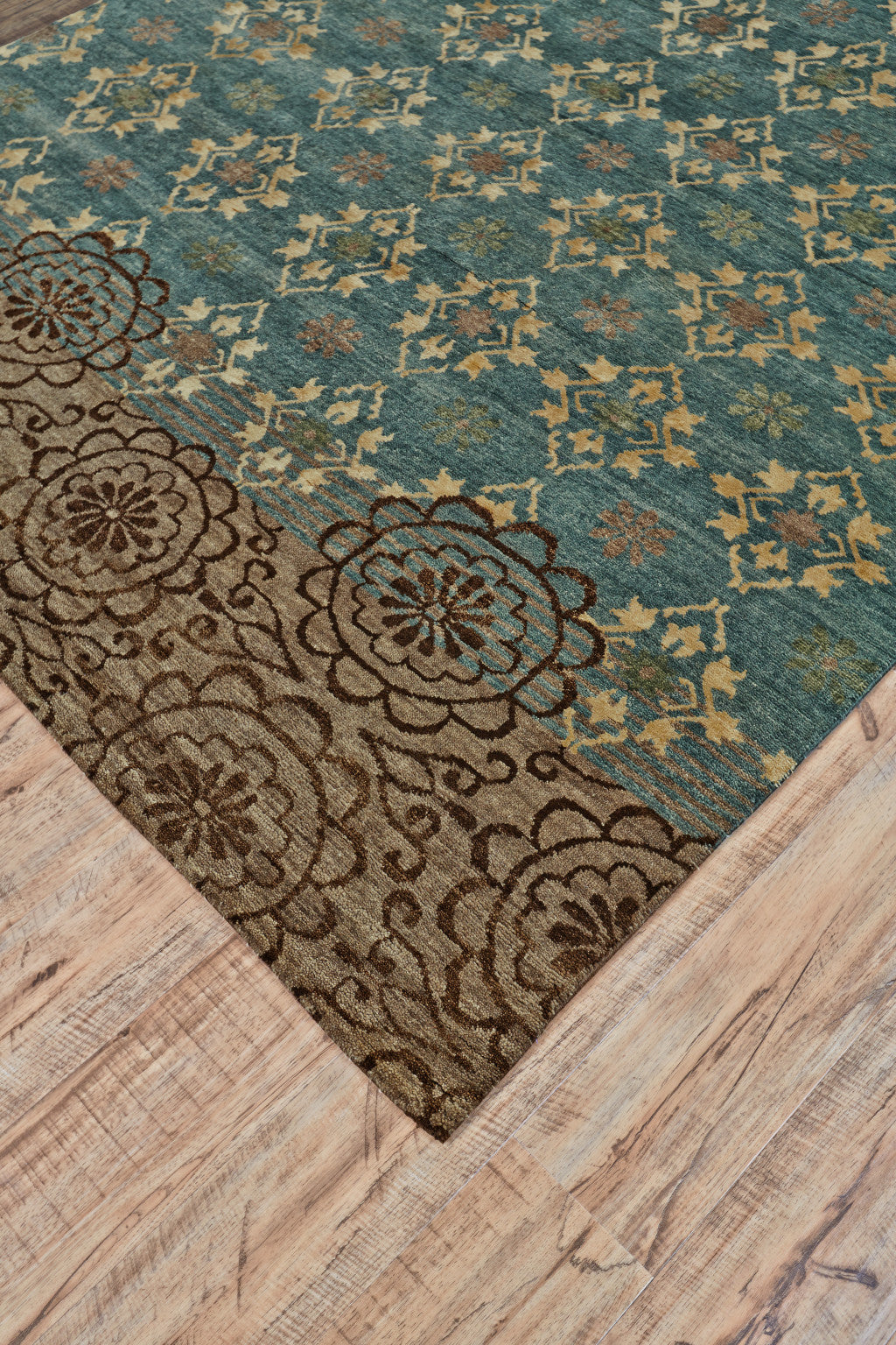 2' X 3' Blue Green and Brown Floral Hand Knotted Area Rug - Home & Garden
