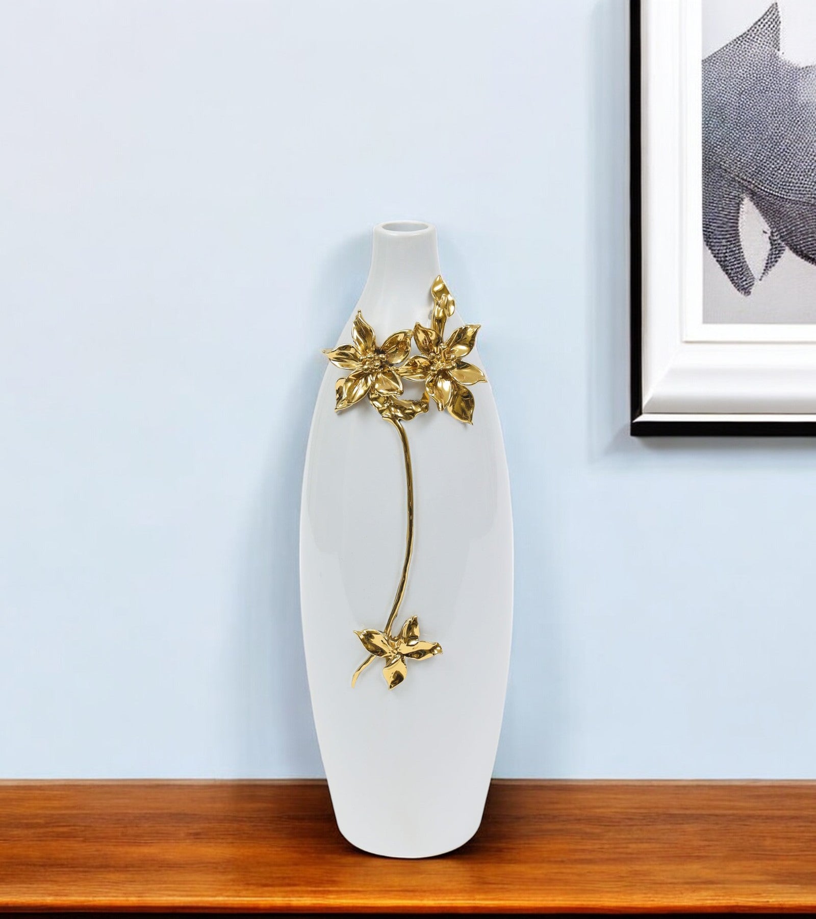 18" Gold Floral Oval Ceramic Table Vase With Sculptural Details - Home & Garden