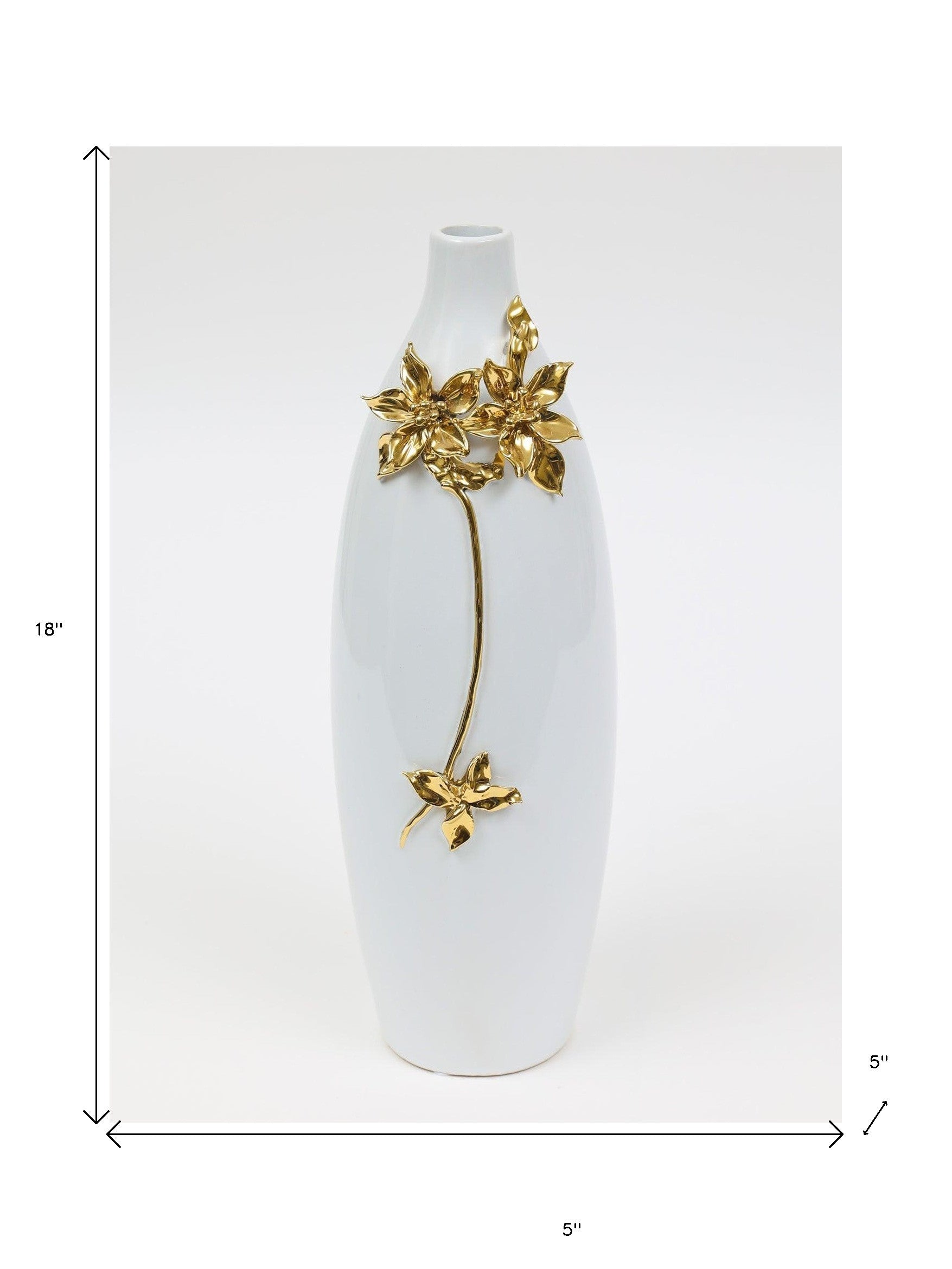 18" Gold Floral Oval Ceramic Table Vase With Sculptural Details - Home & Garden